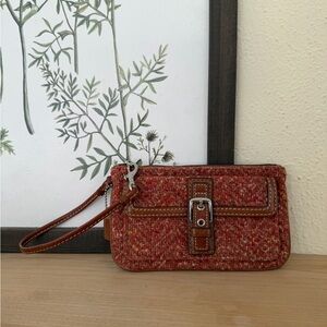 Coach Pink and Brown Tweed Wristlet Clutch